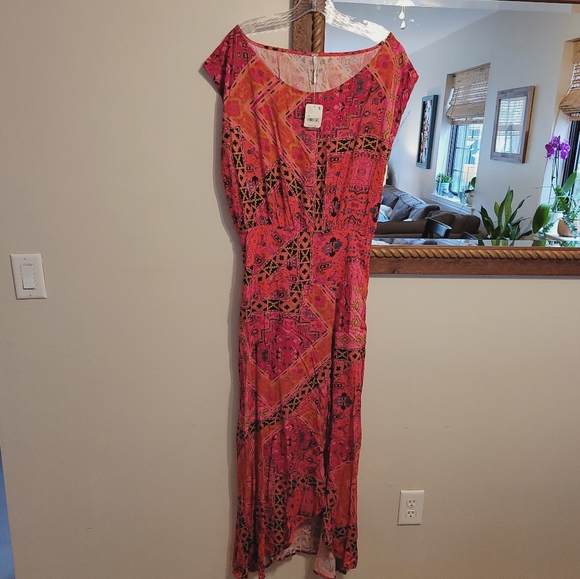 NWT Free People Blakely Dress Red Combo Printed Maxi Scoop Short Sleeve - Picture 3 of 6